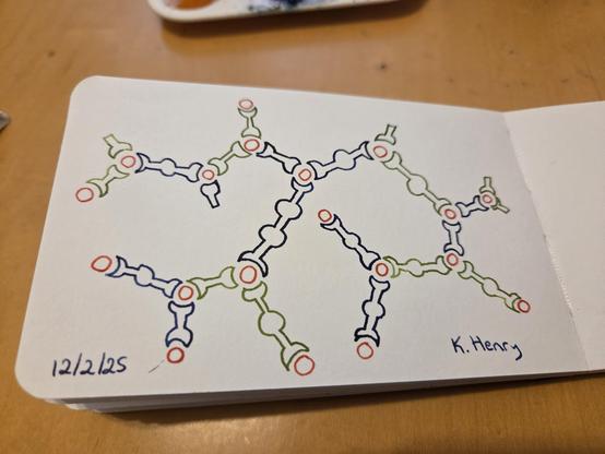 Hand drawn generative/procedural art in ink on an open page of my sketchbook. The abstract pattern looks a bit like a chemistry diagram or a something built with a construction toy.