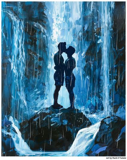 Two men seen in silhouette kissing on a rock with waterfalls raining down around them. Mostly blue, black, and white colored digital art.
