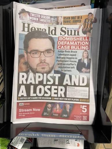 An old Herald Sun front page, with the headline "RAPIST AND LOSER" under a picture of Bruce Lerhmann