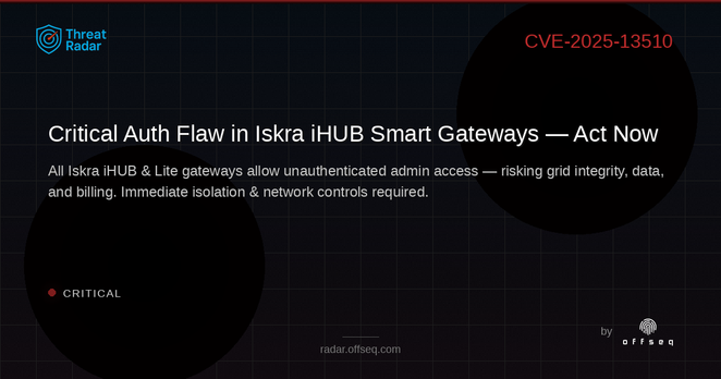 Critical threat: CVE-2025-13510: CWE-306 Missing Authentication for Critical Function in Iskra iHUB and iHUB Lite