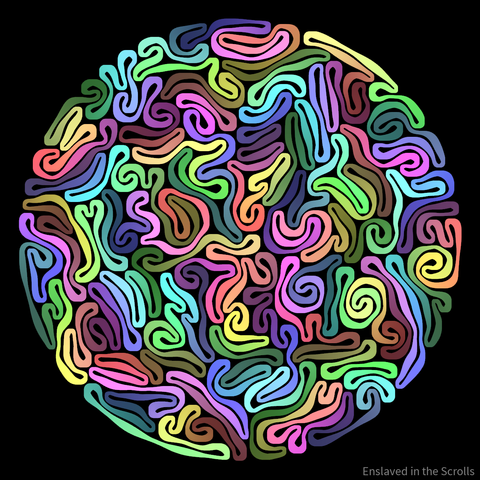 A single loop of 4800 particles forming a continuous, multicolored path that is repeatedly folded in on itself packed loosely into a circle.