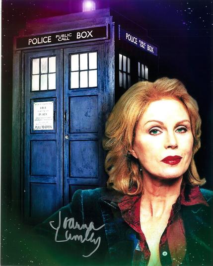 A lovely older woman with blonde hair next to the TARDIS.