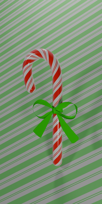 A 3D rendering of a candy cane on a striped green background.  The candy cane has one thick stripe and two thin ones running in a spiral up its body.  There is a green ribbon tied into a bow about halfway up the shaft of the candy.