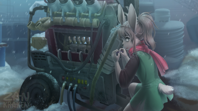 A digital painting of an anthro bunny character in the world of Dead By Daylight. The environment is foggy and still, theres snow on the ground and red ominous lights glowing in the distance. The character is trying to fix a generator while anxiously looking back behind him.