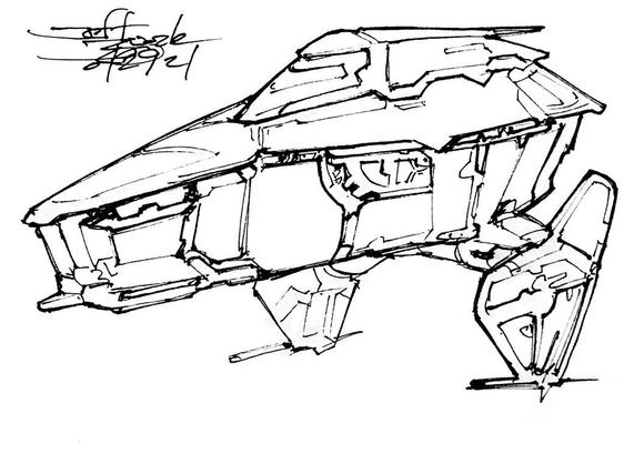 Black and white line art sketch of an imaginative sci fi spaceship. Each one is very different. Grumpy-looking angular core with streamlined top module and hands-on-hips reminiscent vertical side fins on legs.