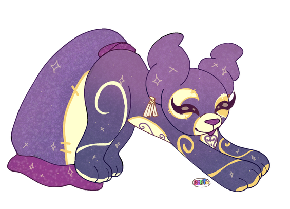 A drawing of a purple plush pillowing creatute stretching.