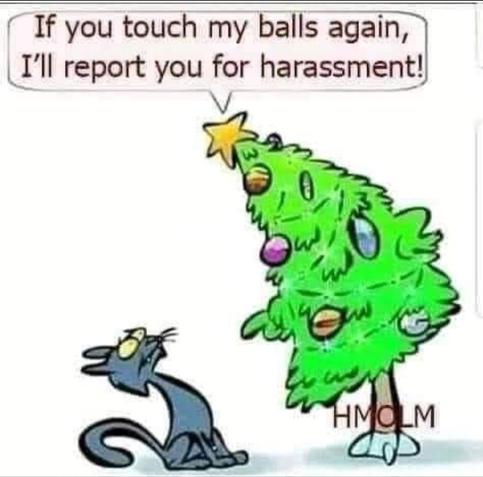 Comic with a tall Christmas tree, bending over toward a cat nearby. The cat is visibly terrified, and the tree looks unhappy The tree says to the cat, "If you touch my balls again, I'll report you for harassment."