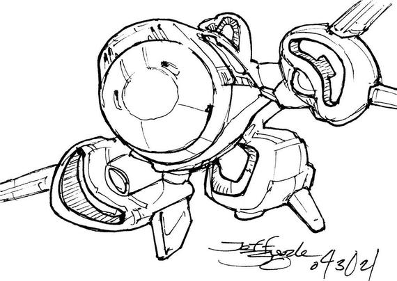 Black and white line art sketch of an imaginative sci fi spaceship. Each one is very different. Nose-on view of an air-bomber-like fuselage with orange-slice shaped side engine pods where wings attach. A streamlined pentagonal ventral centerline pod shows a downward-pointing fin.
