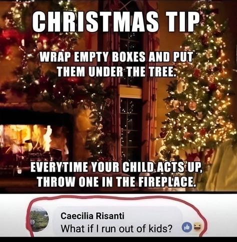 Meme with a social media comment under it.
The meme has a photo of a living room with a Christmas tree ans a fireplace. The meme text reads, "Christmas Tip: Wrap empty boxes and put them under the tree. Every time one of your children acts up, throw one in the fireplace."
Social media comment reads, "What if I run out of kids?"