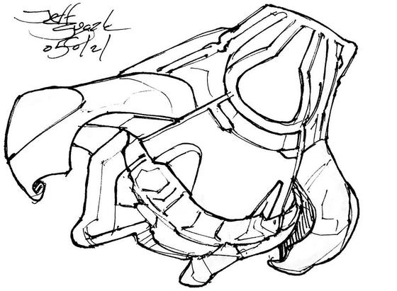 Black and white line art sketch of an imaginative sci fi spaceship. Each one is very different. This one looks like a fat aquatic whale-bear having a comfy swim. It looks happy, I think.