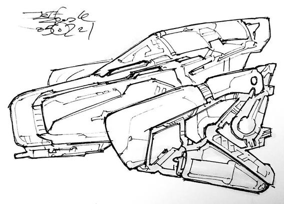 Black and white line art sketch of an imaginative sci fi spaceship. Each one is very different. A serious and competent looking technological dino-head starfighter  with arrowhead side pods.
