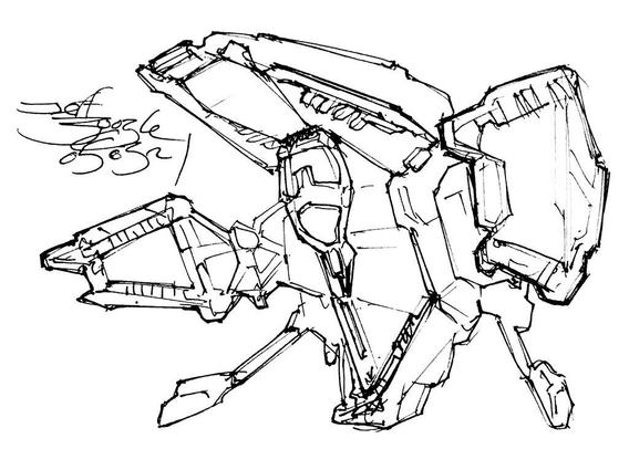 Black and white line art sketch of an imaginative sci fi spaceship. Each one is very different. This is like a toothless metal Demogorgon, a wide metal flower like an open rattlesnake mouth. Yikes!