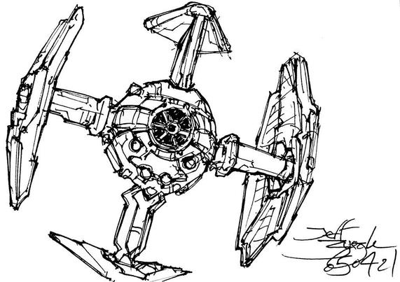 Black and white line art sketch of an imaginative sci fi spaceship. Each one is very different. It's an oversized TIE fighter with smaller panel wings on top and bottom in addition to the side wings, which are concave toward the inside.