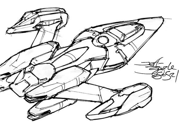 Black and white line art sketch of an imaginative sci fi spaceship. Each one is very different. Curvy Y-wing like front with tiny side pods on reverse angle wings. At the base of the wings are 4 flattened engine modules.