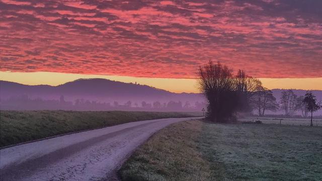 Ein Asphaltweg zieht sich von links unten quer durchs Bild, links Damm, rechts Wiese und Bäume am Wegesrand. Im Hintergrund bläulich die Umrisse der Bergstraße, darüber etwas oranger Himmel, und darüber eine gerade Wolkenkante und ein rosafarbenes Wolkenfeld