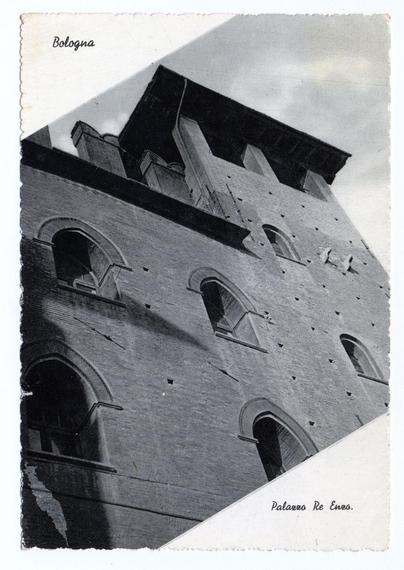 The black and white photograph captures a towering historical building with distinctive medieval architectural features. The structure showcases robust stone walls, multiple arched windows that are characteristic of Romanesque design, and an imposing presence against the sky. Notable is its stepped gable roofline, suggesting it could be part of a cloister or fortress. The image has been artistically rotated to present the building in profile with perspective distortion for dramatic effect.

The upper left corner bears the inscription "Bologna," identifying the location as Bologna, Italy—a city known for its rich history and Romanesque architecture. Below this text is another label: "Palazzo Re Enzo." This reference points to a specific historical edifice within that area.

In terms of condition, the photograph exhibits signs of age with creases across it—indicative of being an aged physical print rather than a digital file or modern reproduction. The wear and tear on its edges suggest it may be from an older collection or has been handled frequently over time. This historical document offers viewers insight into the architectural heritage of Bologna, Italy, specifically highlighting Palazzo Re Enzo as an example of Romanesque architecture within that region.