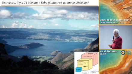 Extrait de la conférence sur les supervolcans montrant la caldeira actuellement visible du volcan Toba sur l’ile de Sumatra.