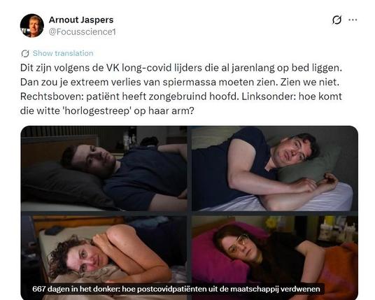 Foto's van 4 long-covid patienten in bed, Volkskrant. 667 dagen in het donker: hoe postcovidpatienten uit de maatschappij verdwenen..