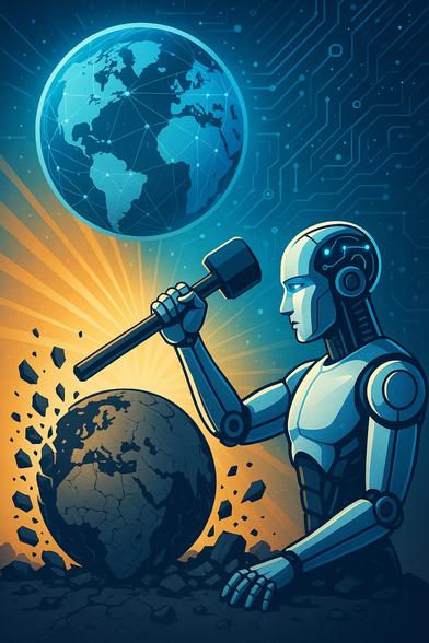 Bildbeschreibung (Deutsch)
Die Szene zeigt eine Welt im Übergang: Im Vordergrund zerbricht eine dunkle, rissige Kugel, Sinnbild der alten Geschäftsmodelle - fossile Energie, neoliberale Märkte, ausbeuterische Arbeitslogiken.
Aus den Bruchlinien steigen Lichtstrahlen empor, die sich mit digitalen Linienmustern verbinden, welche sich wie ein neuronales Netz über die gesamte Bildfläche ziehen. Uber dem zerfallenen Alten schwebt eine neue, leuchtende Erde, durchzogen von Datenpfaden, die Digitalisierung, künstliche Intelligenz, Robotik, Quantencomputer und analoge Algorithmen als neue tragende Struktur zeigen. Ein humanoider, bewusst gestalteter technischer Akteur steht für die Entkopplung von Mensch und Arbeit und den Übergang zu einer Kultur der Work-Life-Balance, Gerechtigkeit und Gemeinschaft.
Im Subtext sichtbar: Die Vorstellung von Musk, Thiel und anderen Technokraten, dass dieser Übergang eine neue Elite erschaffen werde, erscheint hier als Illusion. Das Bild vermittelt das Gegenteil: Die Schwellenzeit nivelliert, sie demokratisiert, sie führt zu einer breiten sozialen Erneuerung - nicht zu einer technokratischen Eliteherrschaft.🖖