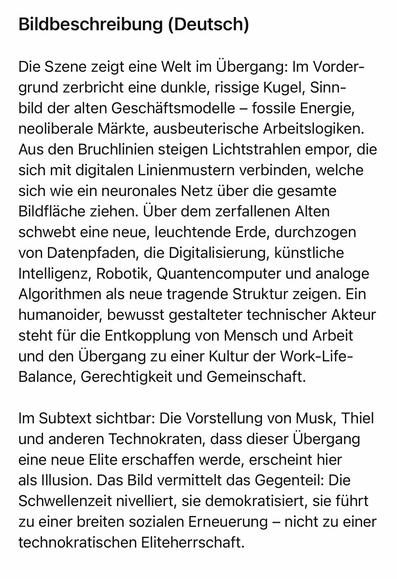 Bildbeschreibung (Deutsch)
Die Szene zeigt eine Welt im Übergang: Im Vordergrund zerbricht eine dunkle, rissige Kugel, Sinnbild der alten Geschäftsmodelle - fossile Energie, neoliberale Märkte, ausbeuterische Arbeitslogiken.
Aus den Bruchlinien steigen Lichtstrahlen empor, die sich mit digitalen Linienmustern verbinden, welche sich wie ein neuronales Netz über die gesamte Bildfläche ziehen. Uber dem zerfallenen Alten schwebt eine neue, leuchtende Erde, durchzogen von Datenpfaden, die Digitalisierung, künstliche Intelligenz, Robotik, Quantencomputer und analoge Algorithmen als neue tragende Struktur zeigen. Ein humanoider, bewusst gestalteter technischer Akteur steht für die Entkopplung von Mensch und Arbeit und den Übergang zu einer Kultur der Work-Life-Balance, Gerechtigkeit und Gemeinschaft.
Im Subtext sichtbar: Die Vorstellung von Musk, Thiel und anderen Technokraten, dass dieser Übergang eine neue Elite erschaffen werde, erscheint hier als Illusion. Das Bild vermittelt das Gegenteil: Die Schwellenzeit nivelliert, sie demokratisiert, sie führt zu einer breiten sozialen Erneuerung - nicht zu einer technokratischen Eliteherrschaft.🖖