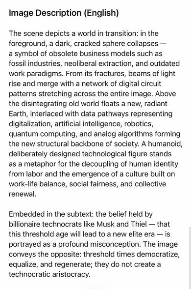 Image Description (English)
The scene depicts a world in transition: in the foreground, a dark, cracked sphere collapses - a symbol of obsolete business models such as fossil industries, neoliberal extraction, and outdated work paradigms. From its fractures, beams of light rise and merge with a network of digital circuit patterns stretching across the entire image. Above the disintegrating old world floats a new, radiant Earth, interlaced with data pathways representing digitalization, artificial intelligence, robotics, quantum computing, and analog algorithms forming the new structural backbone of society. A humanoid, deliberately designed technological figure stands as a metaphor for the decoupling of human identity from labor and the emergence of a culture built on work-life balance, social fairness, and collective renewal.
Embedded in the subtext: the belief held by billionaire technocrats like Musk and Thiel - that this threshold age will lead to a new elite era - is portrayed as a profound misconception. The image conveys the opposite: threshold times democratize, equalize, and regenerate; they do not create a technocratic aristocracy.🖖