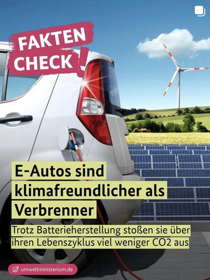 FAKTEN
CHECK
E-Autos sind klimafreundlicher als
Verbrenner
Trotz Batterieherstellung stoßen sie über ihren Lebenszyklus viel weniger CO2 aus
umweltministerium.de🖖