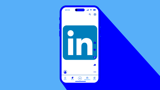 Capture d'écran de l'interface de l'application LinkedIn sur un smartphone, avec un fond bleu.