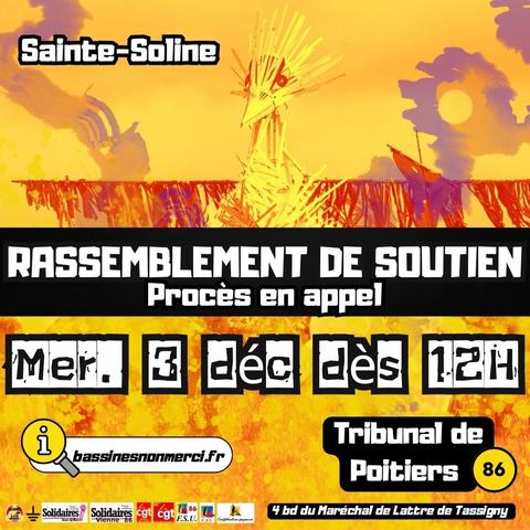 Affiche du rassemblement de soutien pour le procès en appel avec la date du 3 décembre, le lieu (tribunal de Poitiers) avec en fond une photo de l’outarde en bois symbole de la lutte dans les tons jaunes orangés.