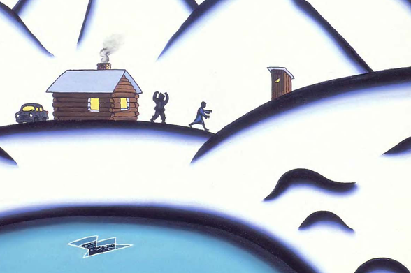 1994 Silhouetted Night Scene

The image portrays a whimsical, night-time scene with silhouetted figures and objects against an abstract background. A wooden cabin is seen on the left side of the composition, emitting smoke from its chimney, suggesting warmth inside or perhaps heating up for the evening ahead.

In front of the cabin sits an old-fashioned car, its headlights glowing brightly in contrast to the overall dark tones of the picture. Two figures are present; one appears to be running towards a tree house on a hilltop, while another is walking beside them. The figure with their arms raised seems joyful or excited about reaching the destination.

On the right side stands what looks like a small outhouse, depicted in silhouette form as well, adding an element of rural life and simplicity to this nighttime tableau.

The background features flowing dark shapes that could be interpreted as waves moving across water at night. In stark contrast is the bright blue sky with white accents radiating outwards from a central point, creating a sense of dynamic movement or perhaps depicting light sources like stars or distant lights.

Overall, the image blends elements of rural simplicity and adventure into an abstract yet visually engaging composition.

Silhouetted Night Scene