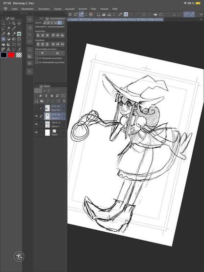 A sketch in Clip Studio Paint of a young woman in a magical girl outfit with a witch's hat.