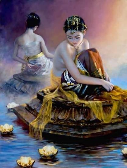 Art by Jia Lu - a woman wearing a skirt and ornamental head jewelry sits upon a pedestal within a pool, contemplating lotus blossoms within the water. Behind her sits another woman sitting on another pedestal.