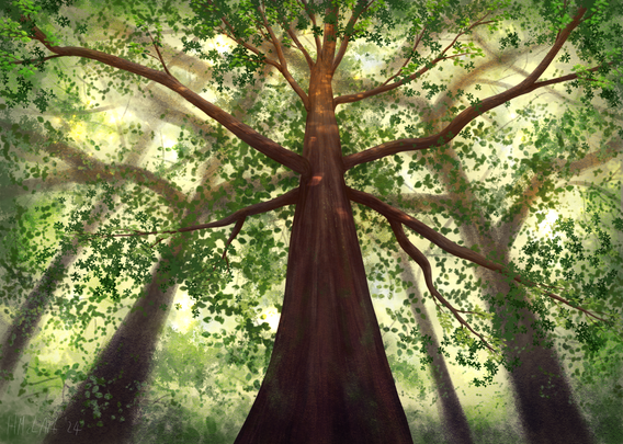 A digital painting of a woodland canopy seen from below, in warm browns and greens. Indistinct, fuzzy looking trunks in the background, behind a more detailed central, focal tree that stretches up into chaotic, textured, scattered brush strokes giving an impression of foliage. Dappled light falls on the trunk, but overall the everything is quite muted, like the gloom inside a forest.