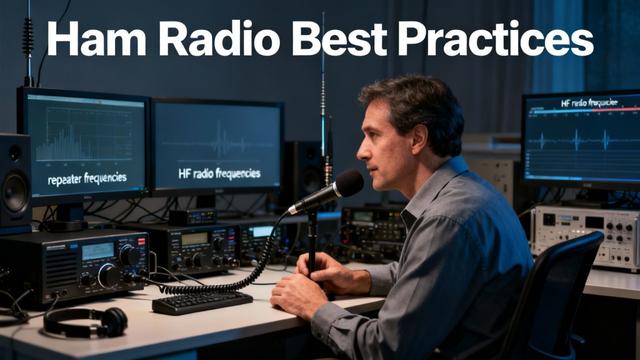 Amateur radio operator in a professional radio room, surrounded by transceivers and antennas, actively making a responsible radio transmission. Title “Ham Radio Best Practices” is displayed.