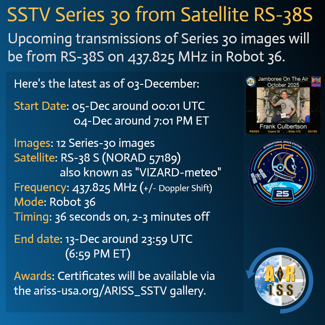 SSTV Series 30 from Satellite RS-38S (International Space Station)Upcoming transmissions of Series 30 images will be from RS-38S on 437.825 MHz in Robot 36 mode.Here’s the latest as of 03-December:Start Date: 05-Dec around 00:01 UTC (04-Dec ~7:01 PM ET)   Images: 12 Series-30 images   Satellite: RS-38S (NORAD 57189), also known as "VIZARD-meteo"   Frequency: 437.825 MHz (+/− Doppler shift)   Mode: Robot 36   Timing: 36 seconds on, 2–3 minutes off   End Date: 13-Dec around 23:59 UTC (6:59 PM ET) Awards: Certificates will be available via the ariss-usa.org/ARISS_SSTV gallery.Features ARISS logo, Jamboree On The Air October 2025 photo of Frank Culbertson, and ISS 25-year anniversary patch.