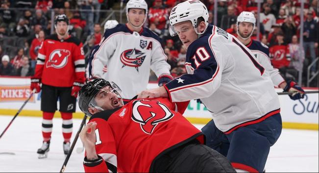 Sean Monahan scored twice and seemingly everyone dropped the gloves in a huge, 5-3 road win for the Columbus Blue Jackets over the New Jersey Devils on Monday night.