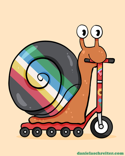Comic Illustration: Eine Schnecke steht auf einer roten Mobilitätshilfe, die wie ein Roller mit vielen kleinen Reifen aussieht. Auf der Mobilitätshilfe sind einige Sticker geklebt. Das Häuschen der Schnecke ist in den Farben der Disability Pride Flag coloriert, die Farben sind: Schwarz, rot, gelb, weiß, gelb, blau, grün.