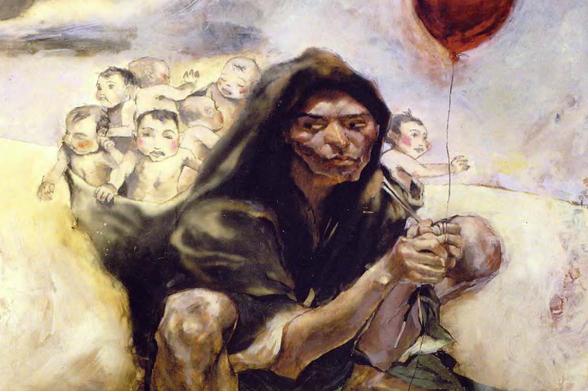 1996 Contemplative Sadness with Balloon and Babies

This artwork depicts a somber figure, likely male, seated in the foreground holding onto what appears to be dried flowers or perhaps remnants of a flower arrangement.
The individual is wearing dark clothing and has long hair that falls over their shoulders.