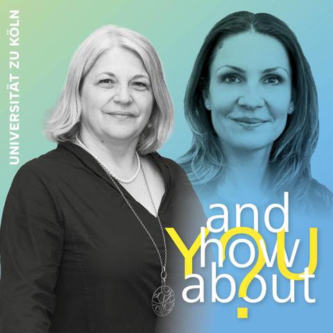 Collage mit zwei Frauen und dem Schriftzug 'Universität zu Köln' sowie 'and how about you?' in lebhaften Farben.
