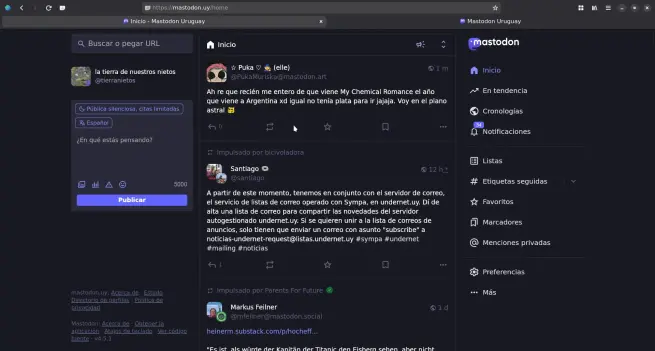 Pantallazo del GNU webBrowser, un navegador de redes que antes se llamaba Epiphany.

Se ve la pagina de inicio de un perfil y las opciones generales que se presentan en un ambiente de tranquila calma ya que se encuentra en el Uruguay.

En el carril central se ven los primeros mensajes.
Uno de un servidor del fediVerso llamado mastodon.art, un reenvió que parece un pelotazo en el aire de una tal bicivoladora de un pibe que por lo visto se dedica al autobombo y después viene un trompetazo de un usuario que aun no comprendió el concepto de descentralización.

El carril de izquierda se ve todo preparado para tirar un centro para publicar alguna u otra cosa, ademas de datos de versión de la plataforma, enlaces para las condiciones de uso y demás. Por lo visto, y por supuesto, el servidor esta al día, utilizando la ultima versión estable de, en este caso, mastodon.

Mientras tanto, el carril de los retrogradas parece una grada de opciones para las necesidades de cualquier hincha, donde la bengala de marcadores se destaca, aparte de por supuesto el engranaje de preferencias, una especie de capota para tener acceso a los detalles, opciones y confusiones integrales de toda aplicación.