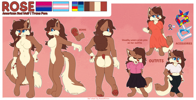 A fem anthro furry red wolf fursona refsheet showing off the the views of her as well as 3 outfits and accessories [🏷️furry, fursona, furryartist, furryfandom ]