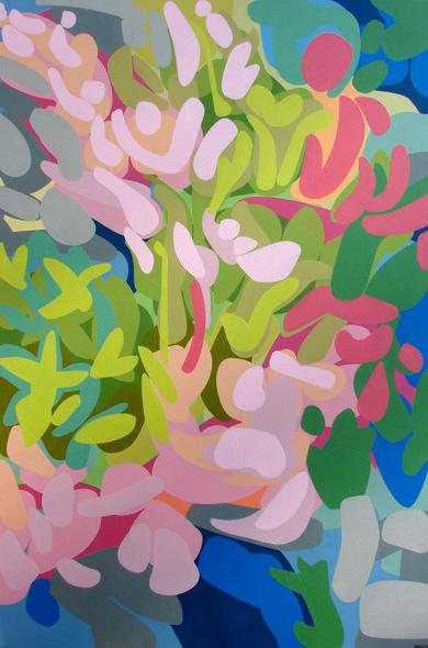 A vertical abstract composition of flat and opaque irregular shapes in solid colours in many layers cascading in a slight bend to the right. It is a simplified depiction of leaves and flowers, mostly in blues, greens, and pinks.