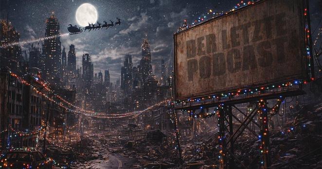 Endzeitumgebung mit zerstörter Stadt, die dennoch weihnachtlich geschmückt wurde. Auf einem verwitterten Billboard steht "Der Letzte Podcast" geschrieben.