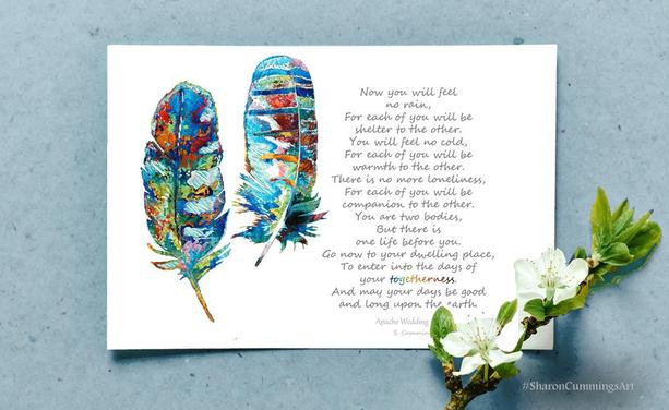 Colorful feathers with wedding blessing by artist Sharon Cummings.
