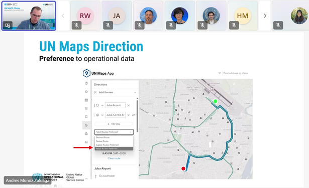 Mr. Andrés Muñoz Zuluaga, Geospatial Information Systems Consultant, demonstrated UN Maps' routing functionalities to support mobility planning and logistical decision-making.