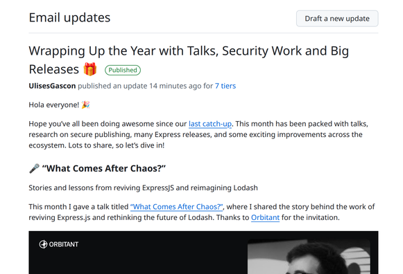 Screenshot of a GitHub Sponsors email update titled βWrapping Up the Year with Talks, Security Work and Big Releases π.β It shows the beginning of the newsletter: greeting, introduction, and the first section called βWhat Comes After Chaos?β with a YouTube embed preview underneath.