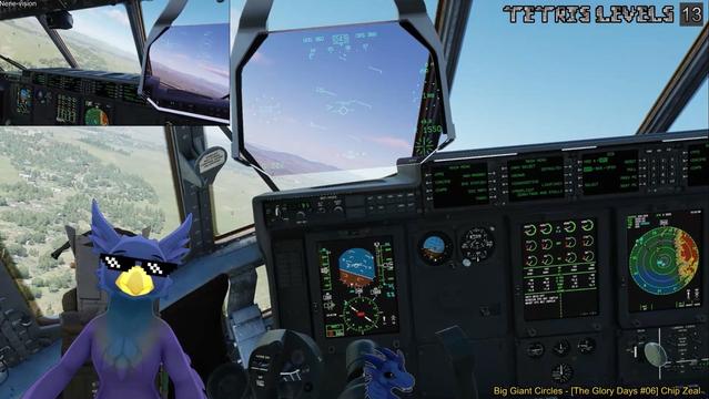 Screenshot from DCS, inside the cockpit of a C-130 Hercules cargo aircraft. The aircraft is banking to the left, a heads up display can be seen in the center of my view and various colorful displays and avionics in the front panel of the aircraft - including engine management, attitude and position. You can see my purple bird-self at bottom left now wearing black sunglasses, while seated on an ejection seat. The top left of the shot shows Nene’s view of her looking out the window, while her blue dragon pfp can be seen mid-bottom of the shot.
