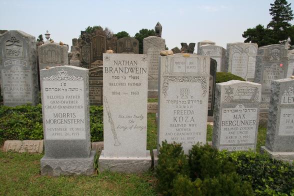 photo of graves in a Jewish cemetery. the four closest are Morris Morgenstern (1883-1971), Nathan Brandwein (1884-1963, with a clarinet on the gravestone), Freeda Koza (1897-1963), and Max Bergunker (1885-1969).