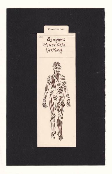 A human in the center of a manila bookmark is covered from head to toe in red purple dark lines, in clusters often of 4 to 5 lines. They represent itching and scratching and cover the entire body some in long scratches and itches which go the length of a chin or from a hip down to almost the knee and some in short little bursts. They curve around body shapes, so even though there is nothing underneath them, the way they wrap around things imply the anatomical structures underneath. Some people say these lines evoke muscle diagrams, despite the fact they zig and zag around the body in ways which are not muscular. The hands are dramatically stylized, fingers splayed and holding tension, as if about the begin scratching again.