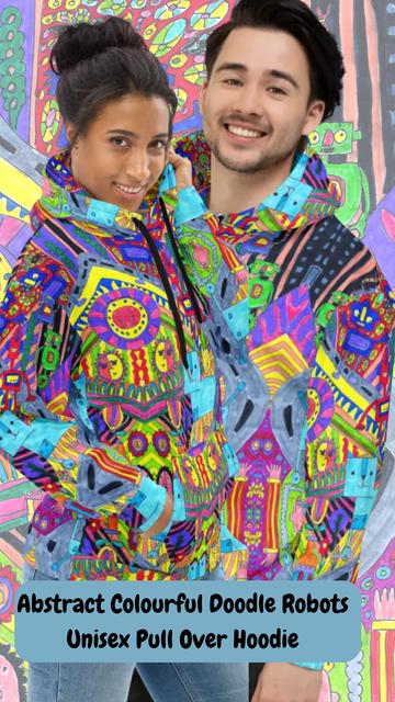 Slide from my latest You Tube Channel presenting a male and female model wearing hoodies featuring the hand drawn doodle inspired  ‘Abstract Colourful Doodle Robots’. 

This unisex pull over Hoodie is made of recyled polyester mix, great for adding a dash of doodle creativity to your everyday wardrobe.

 Click on my Fourthwall store- 

 catrionarobetsphotographyanddesignstoo.com 

link in  the channel bio to discover more about this arty unisex Hoodie.

I combined all elements to create this video (including text, shapes, animation, layering and transparency options) using the video editor in canva.com 

Music track for this video provided within the You Tube Library. 

Click link on the main post to view the video.