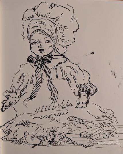 Black ink on paper 

Sketch of a sitting puppet wearing a dress and a big hat, feet are peeking out of the dress.